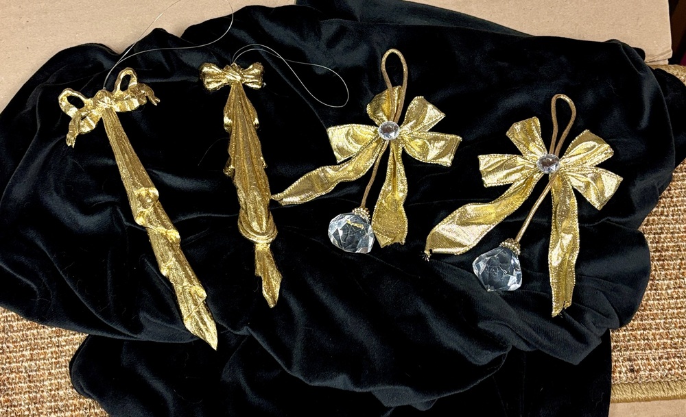 Elegant Gold Bow Ornaments, Crystal Glitter Victorian, Christmas
